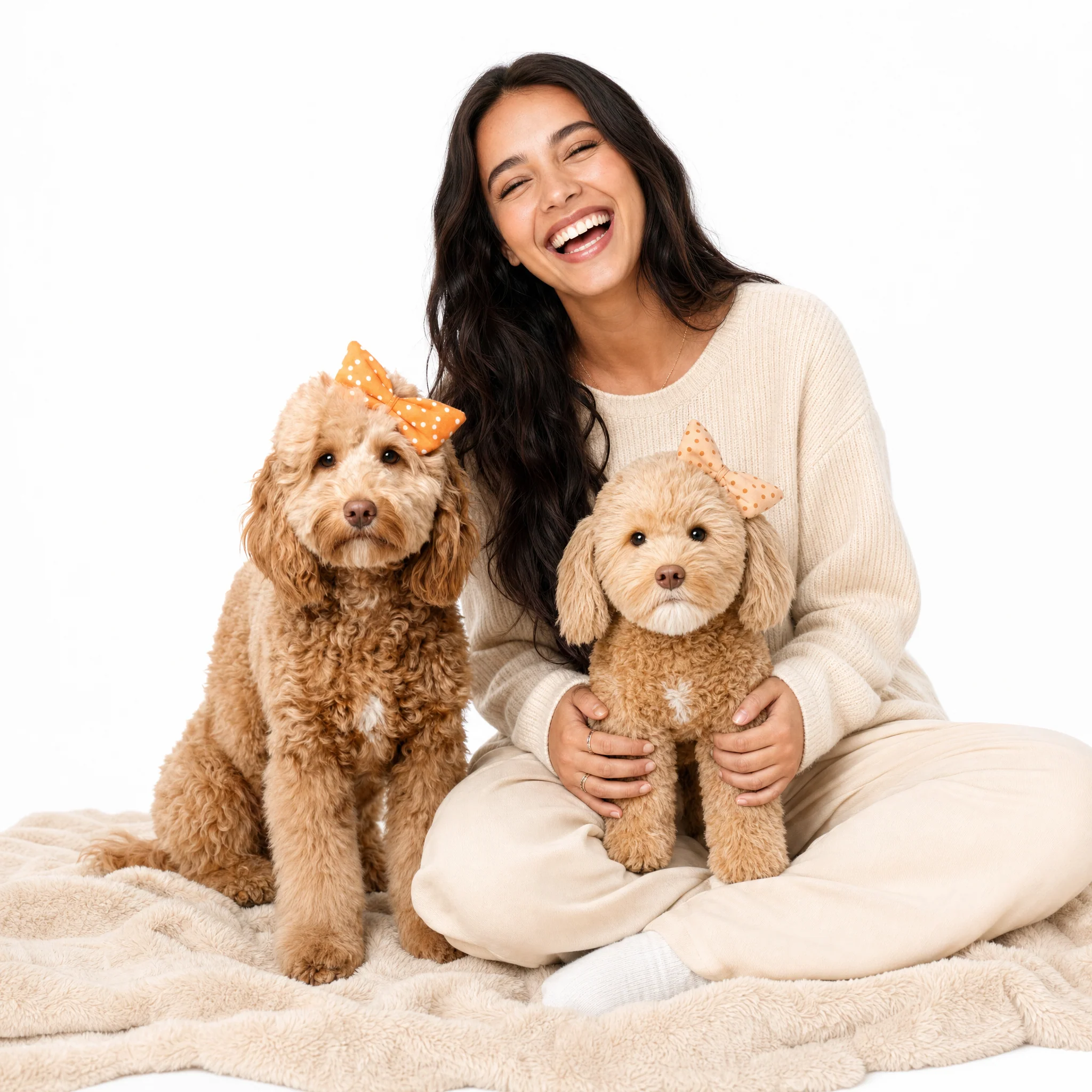 Woman with goldendoodle and plush clone